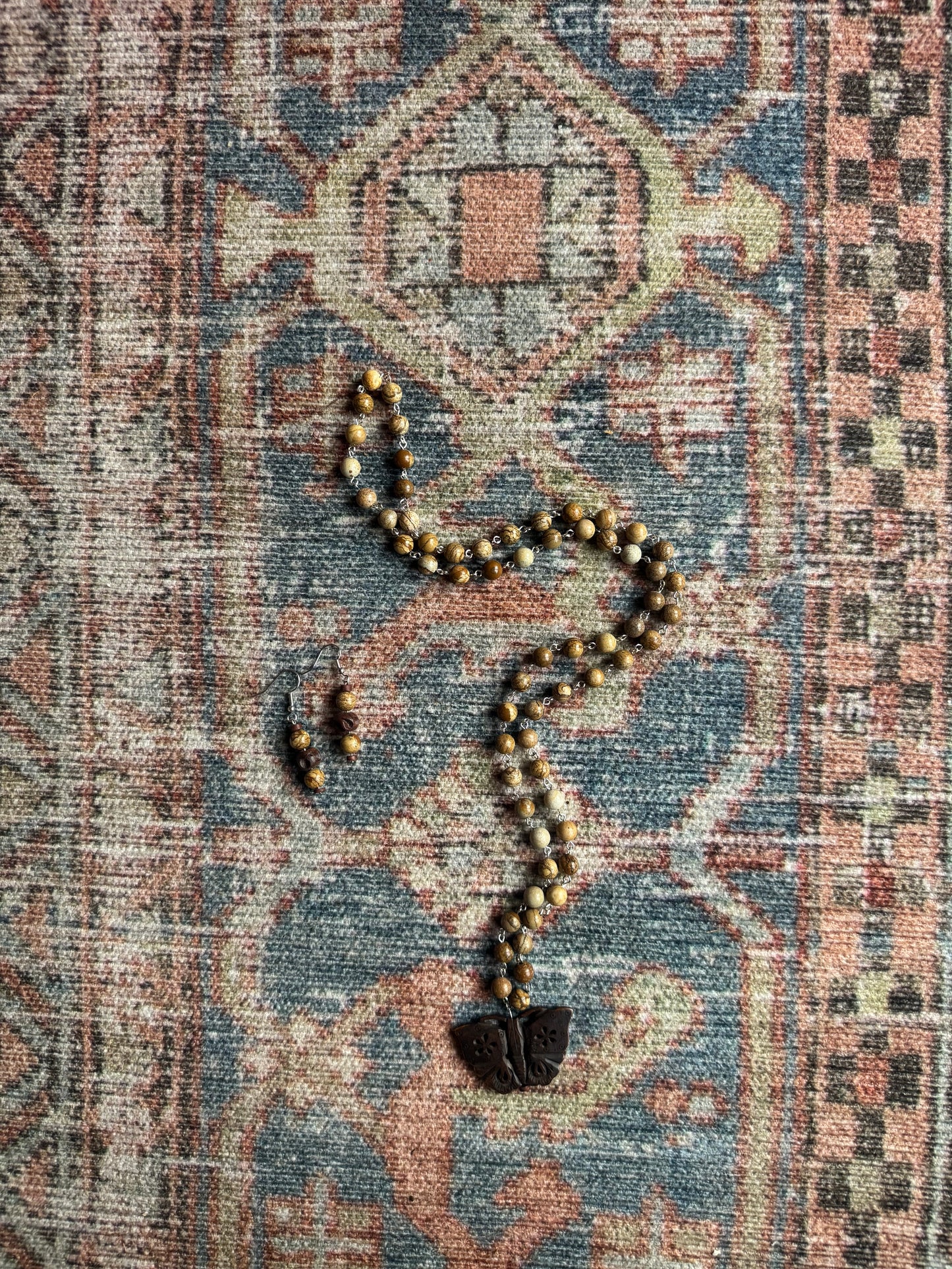 Jasper Rosary Bead Necklace with Carved Butterfly Pendant