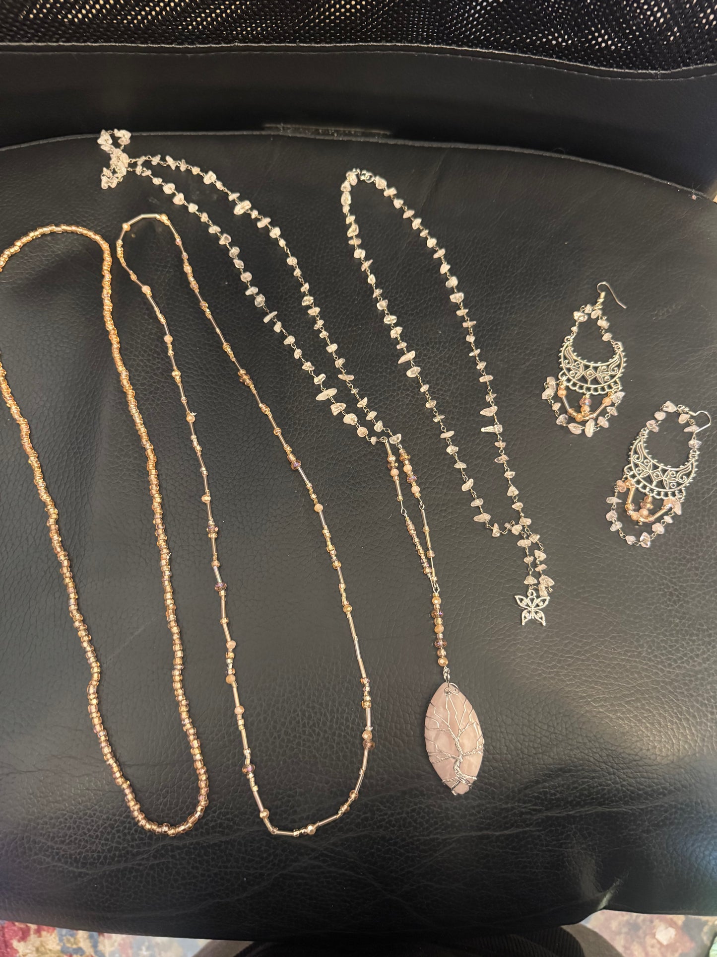 5 piece Rose Quartz earrings and necklaces