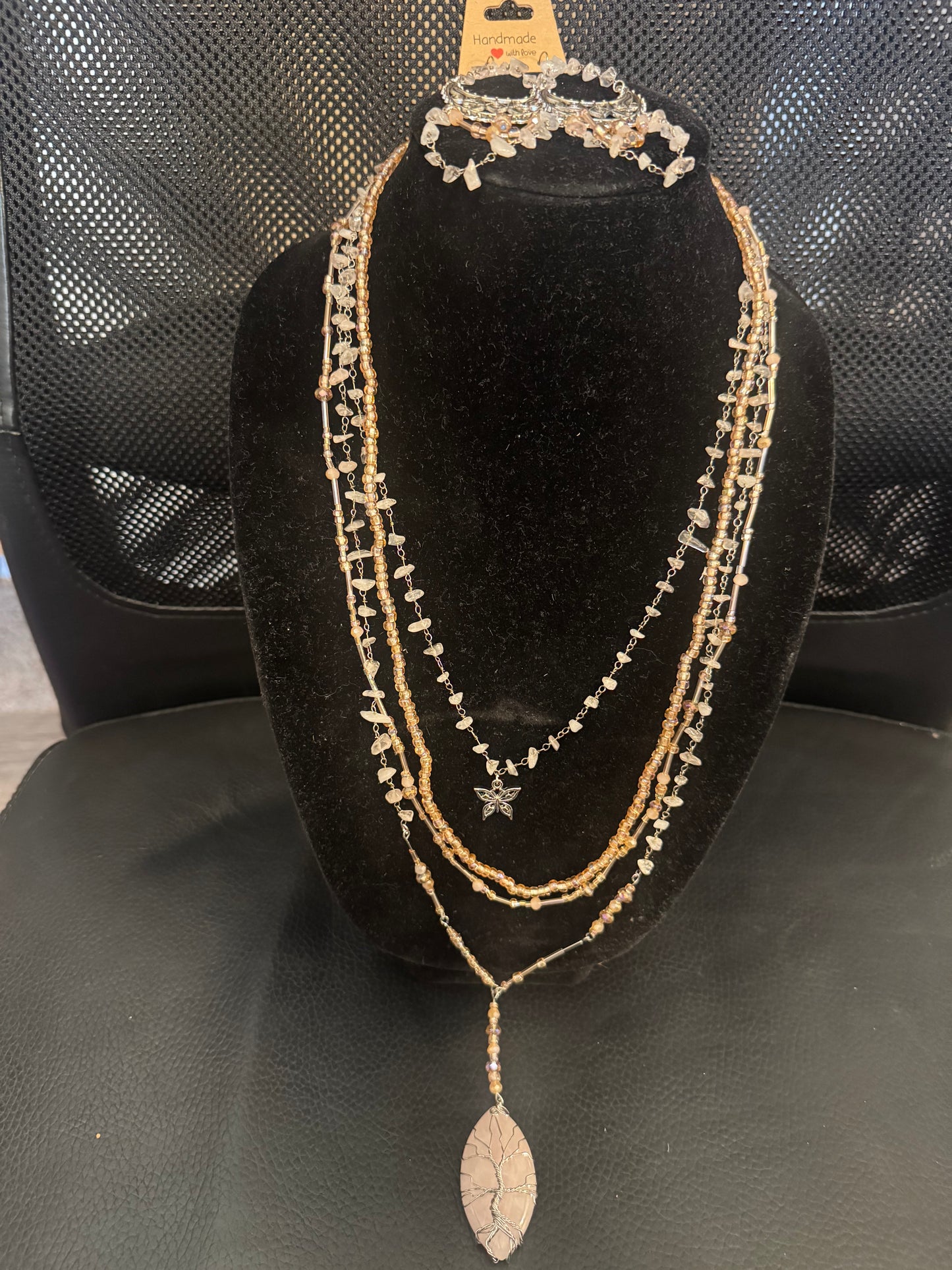 5 piece Rose Quartz earrings and necklaces