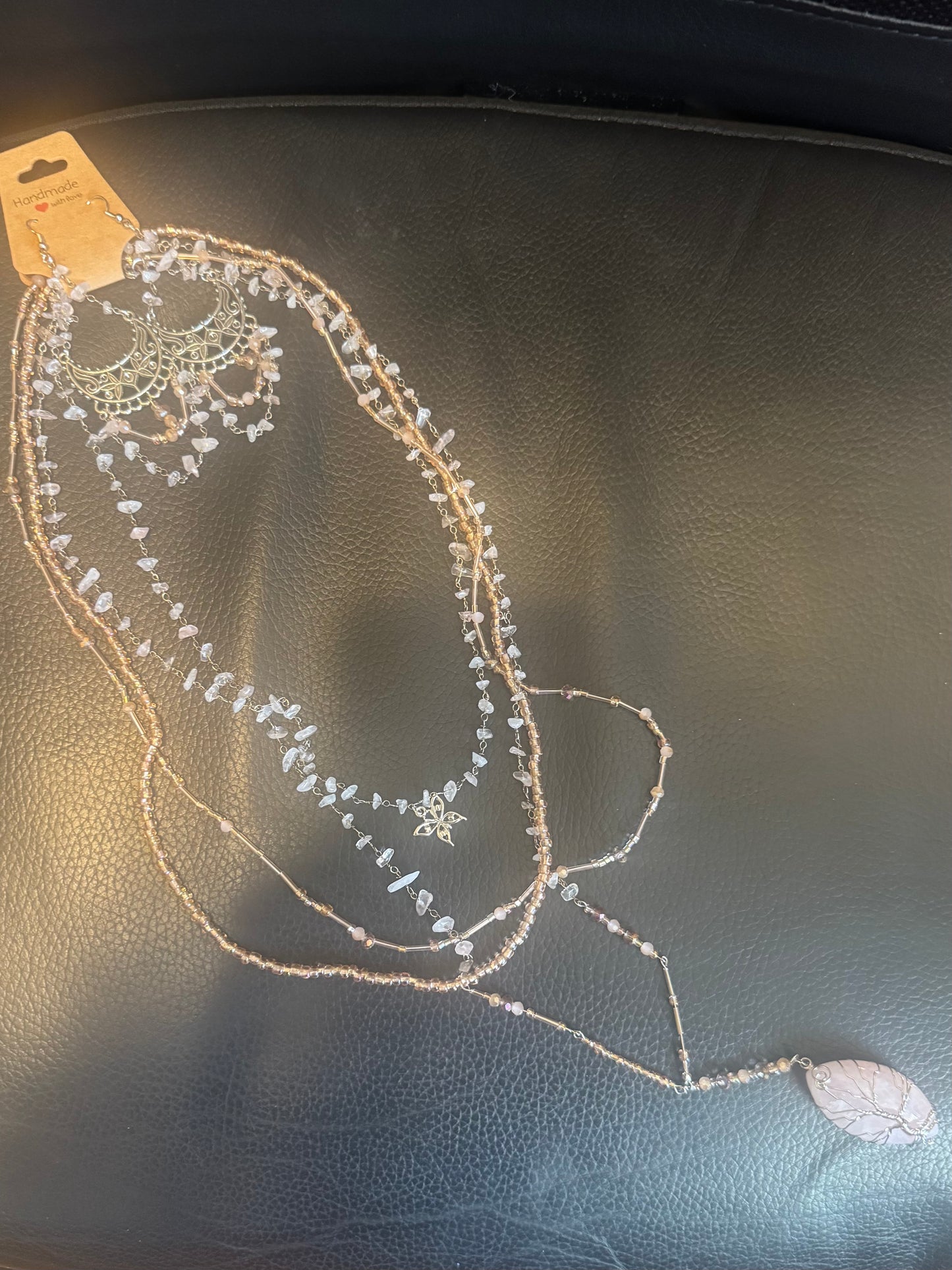 5 piece Rose Quartz earrings and necklaces