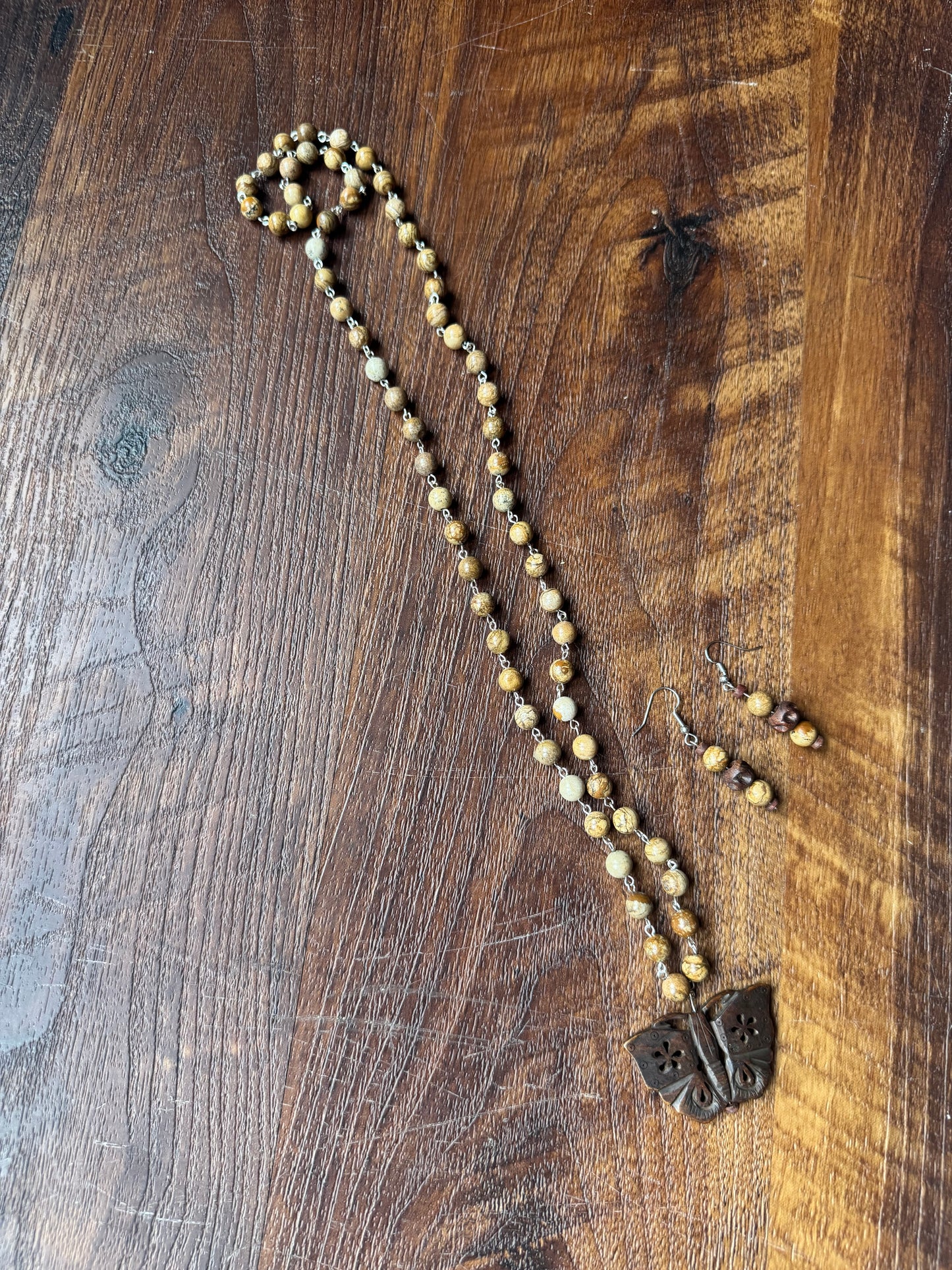 (Copy) Jasper Rosary Bead Necklace with Carved Butterfly Pendant