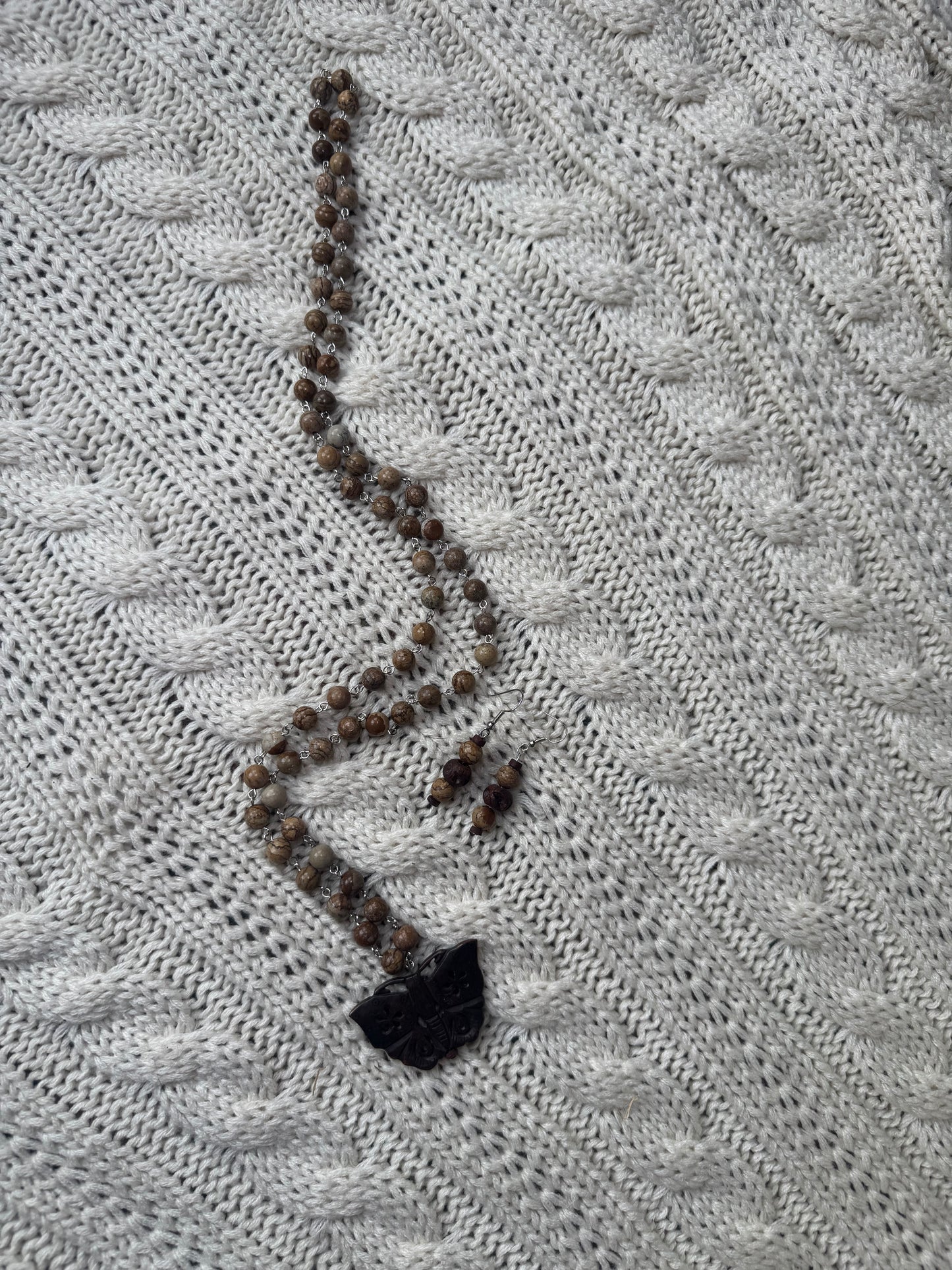 (Copy) Jasper Rosary Bead Necklace with Carved Butterfly Pendant