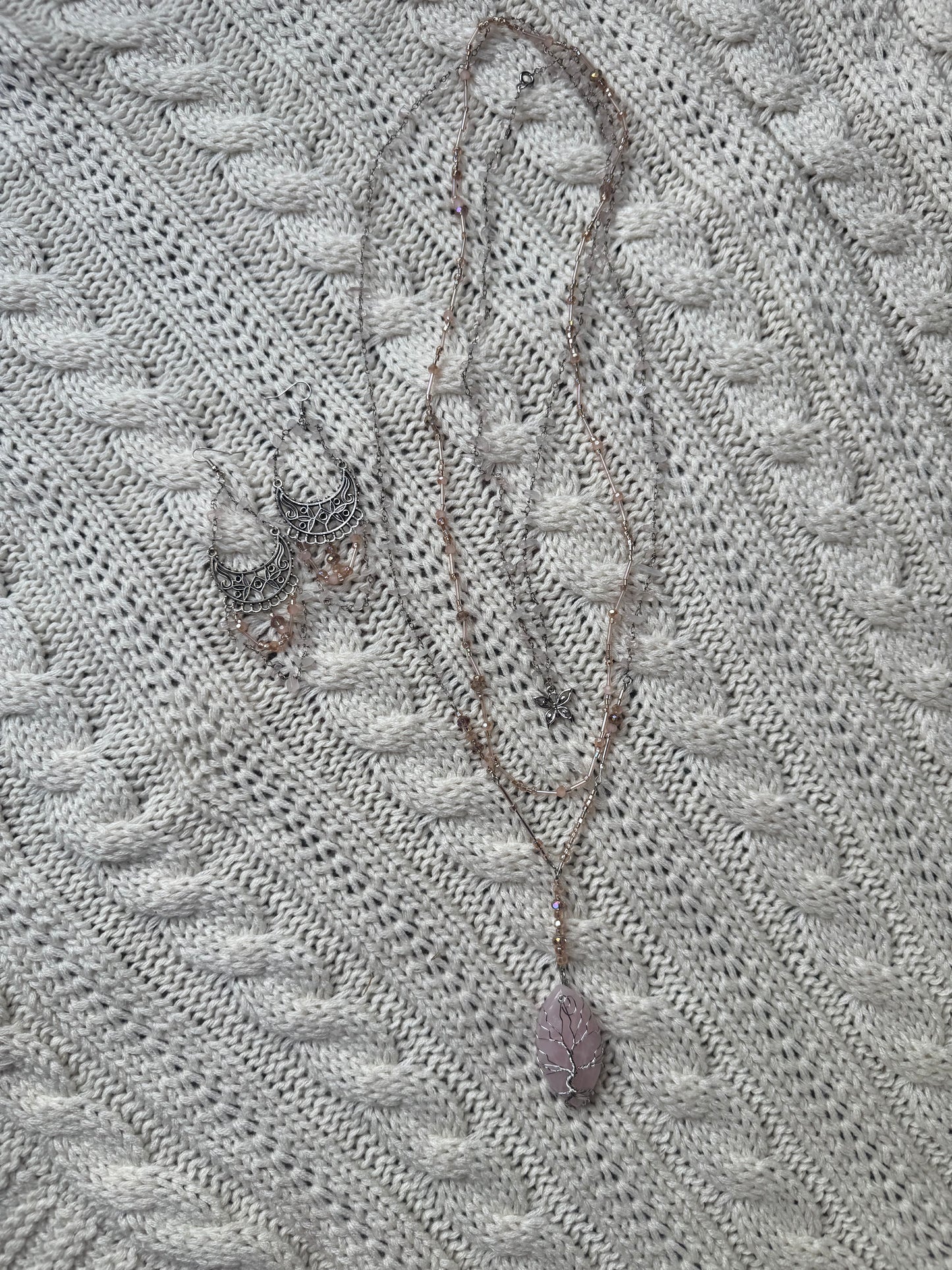 4 piece Rose Quartz earrings and necklaces