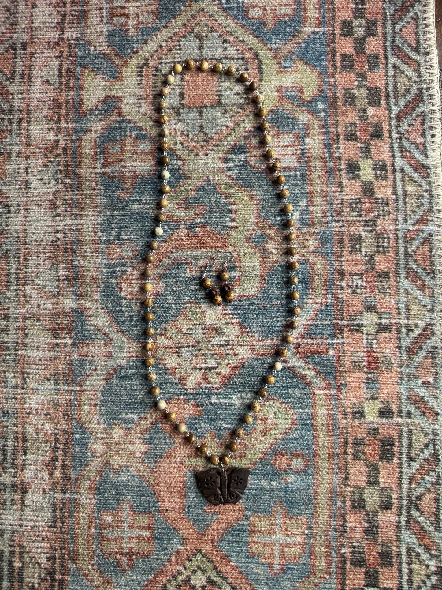 (Copy) Jasper Rosary Bead Necklace with Carved Butterfly Pendant