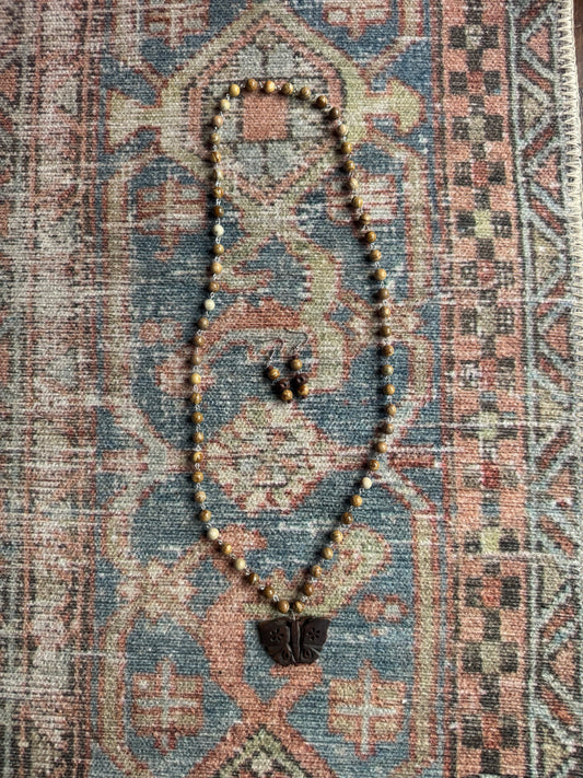 (Copy) Jasper Rosary Bead Necklace with Carved Butterfly Pendant