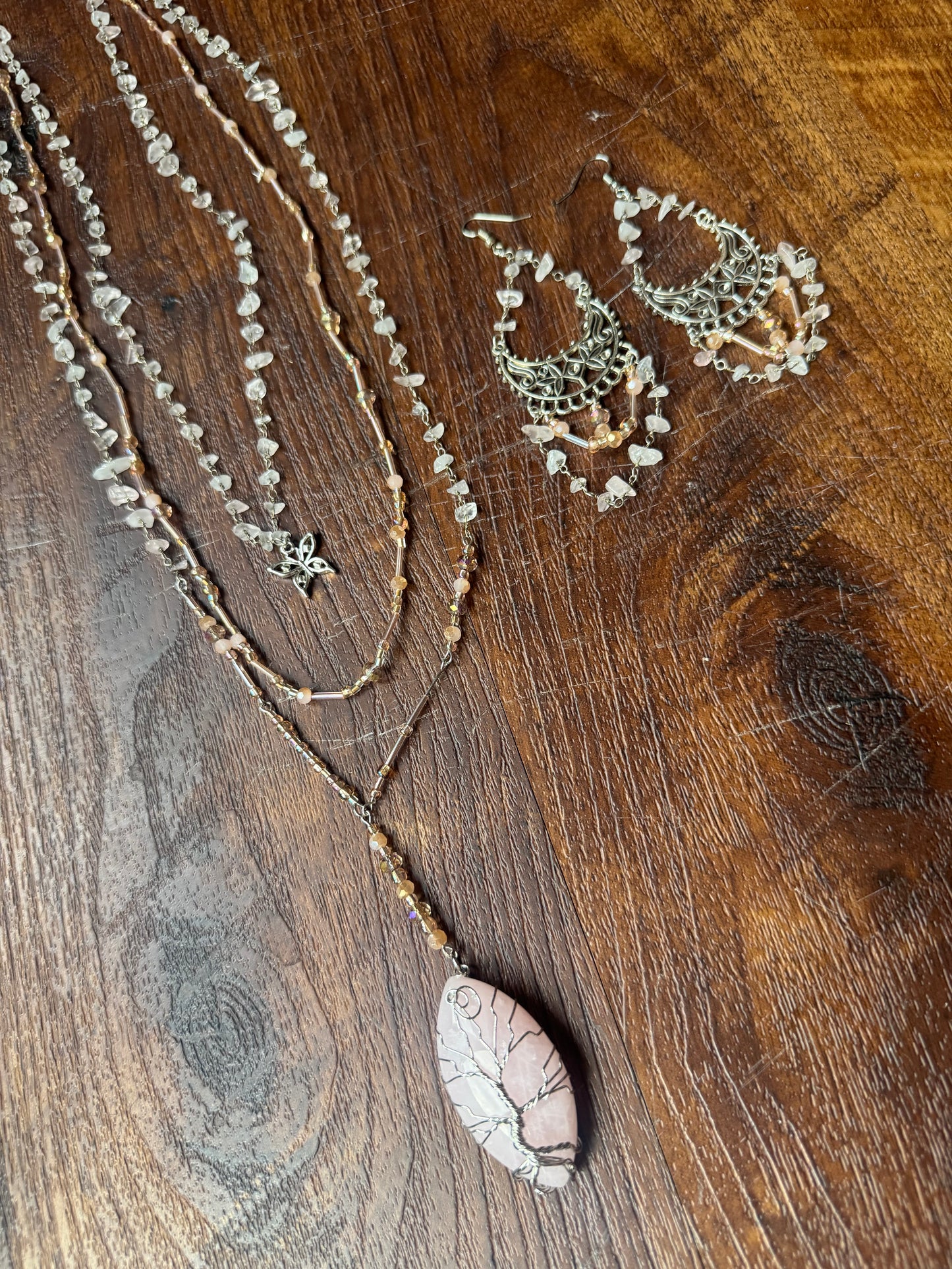 4 piece Rose Quartz earrings and necklaces