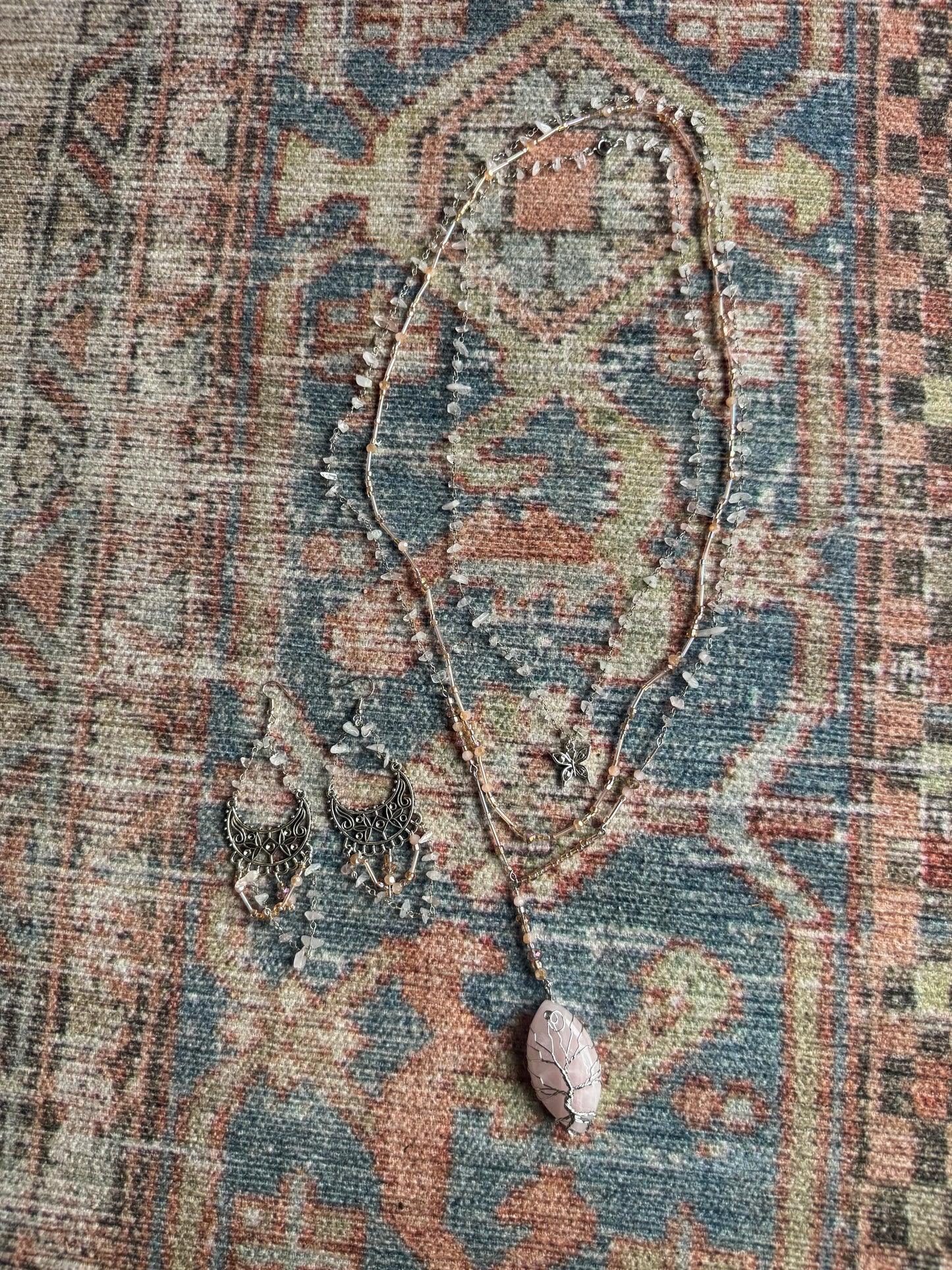 4 piece Rose Quartz earrings and necklaces