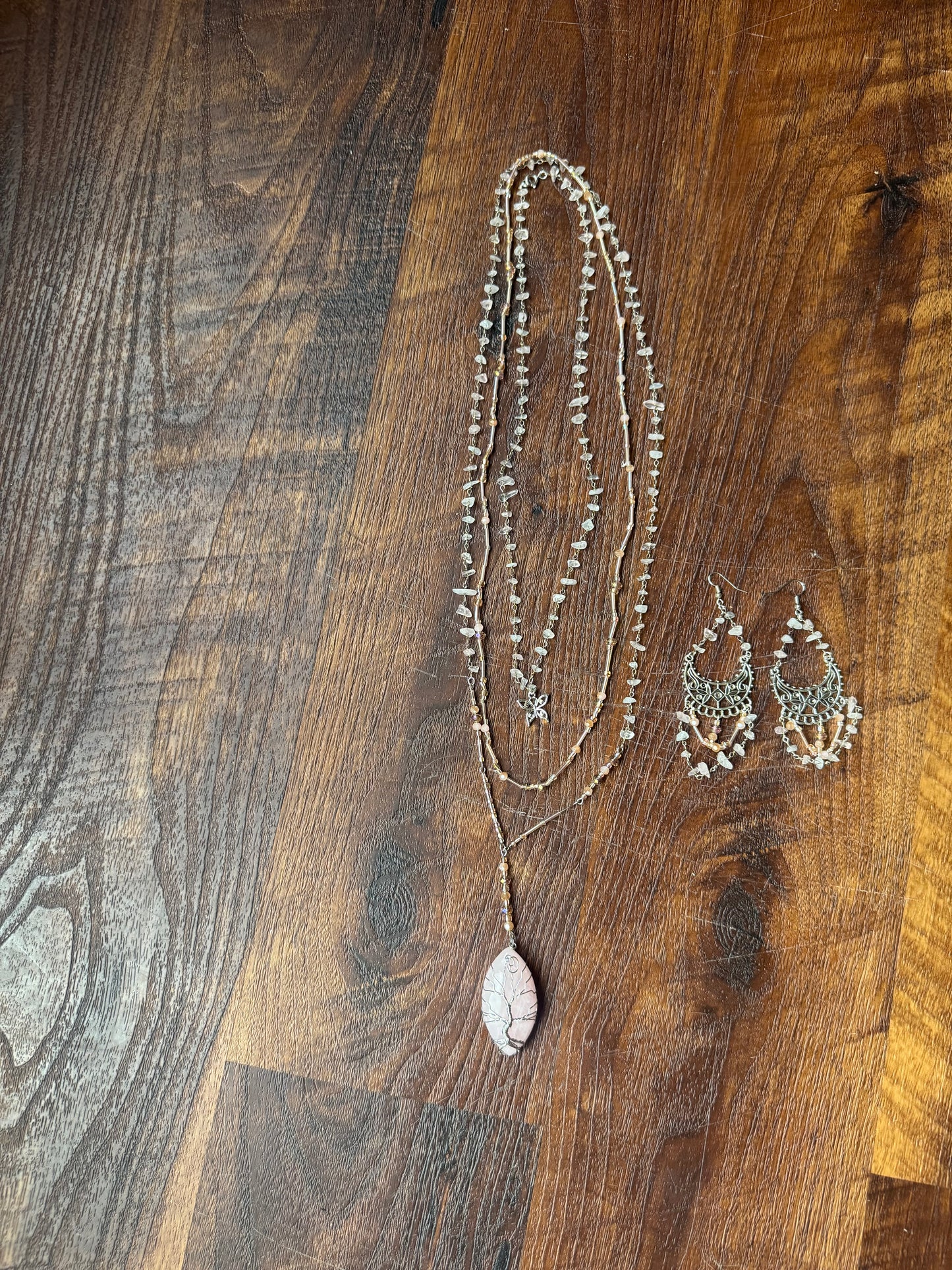 4 piece Rose Quartz earrings and necklaces